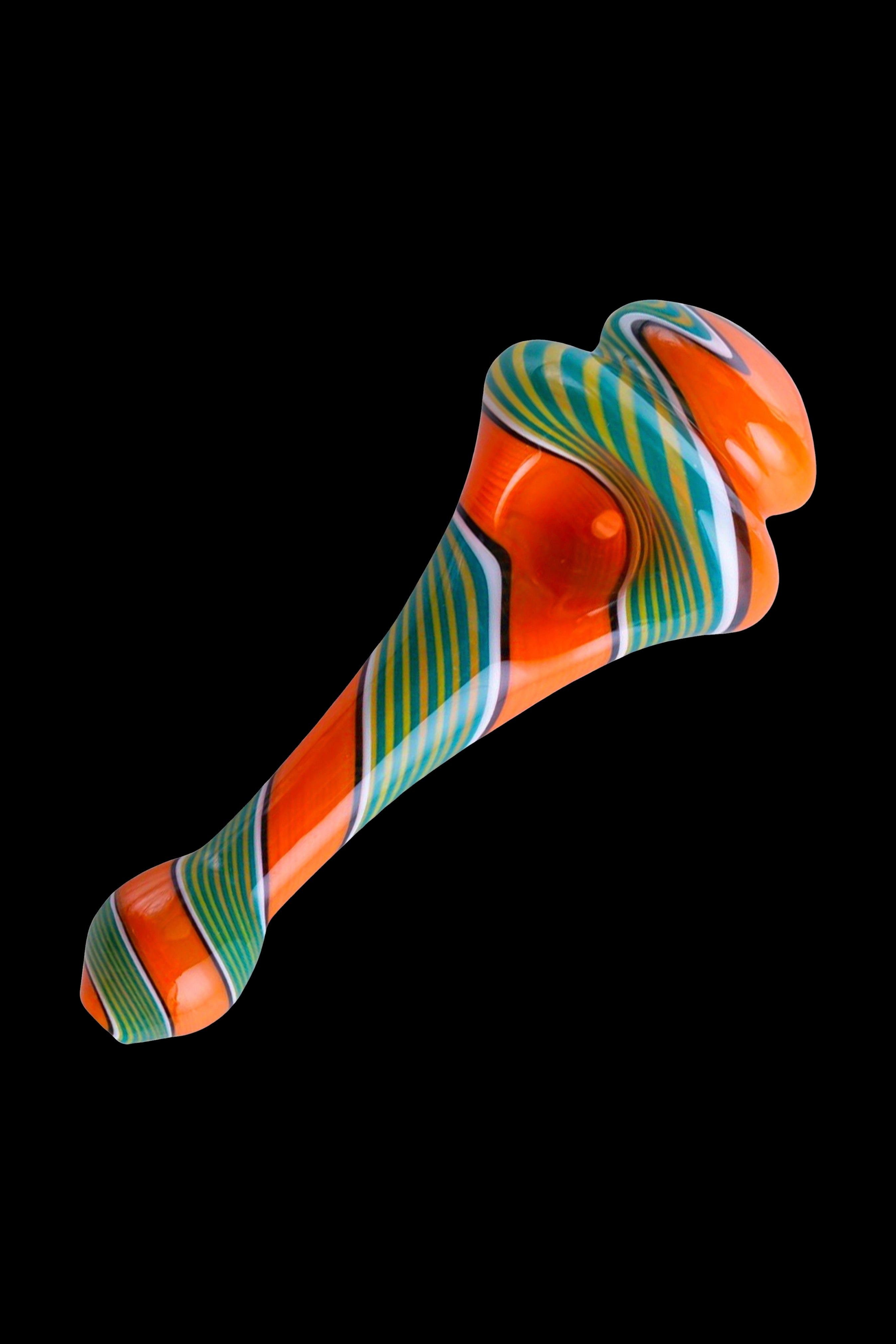 Hand-blown glass pipe with orange and turquoise swirl design.