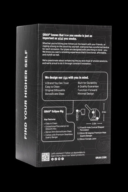 Product packaging for a GRAV Eclipse Rig, a water pipe for cannabis consumption, featuring specifications, design details, and social media information.