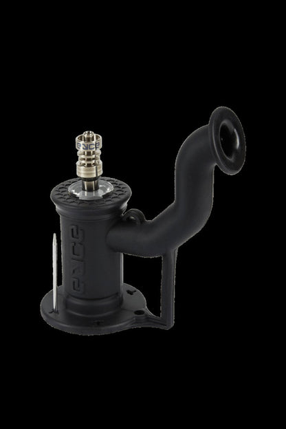 Black glass oil rig with a quartz banger and curved mouthpiece.