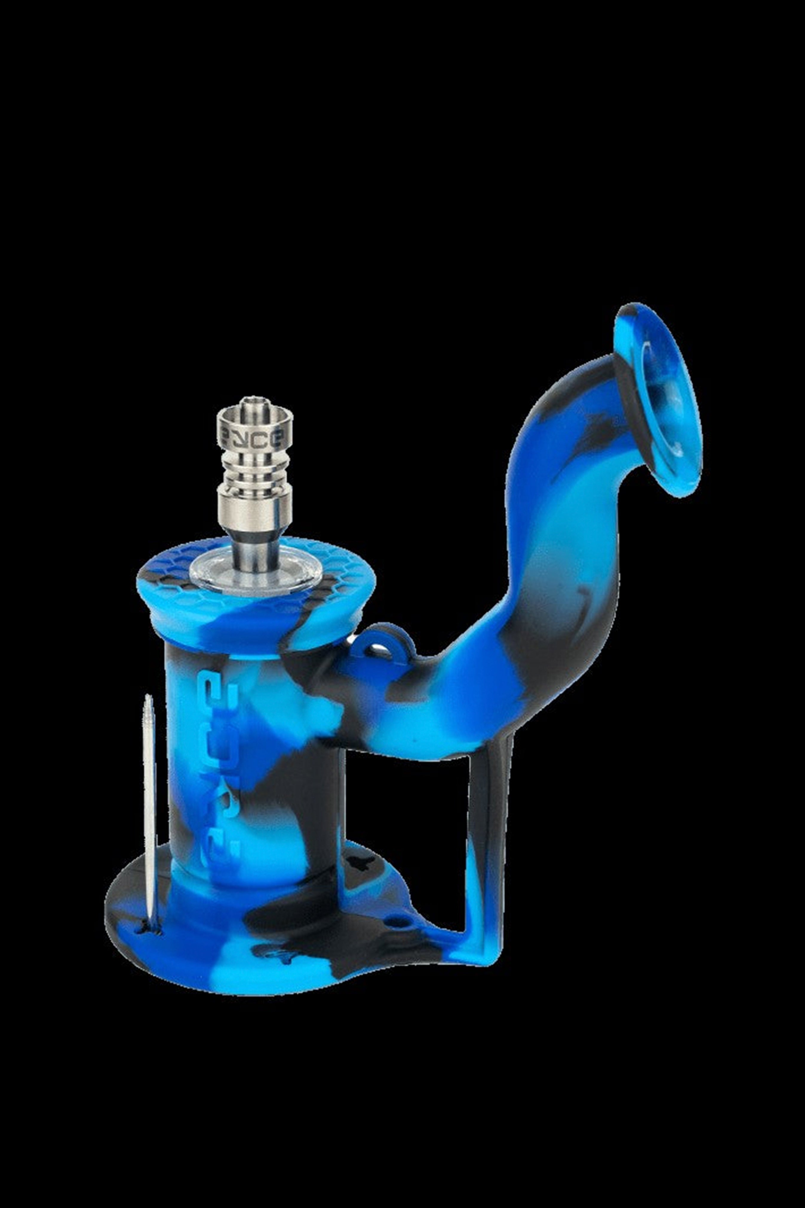 Blue glass oil rig with titanium tip, isolated on a black background.