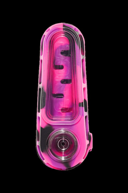 Pink and black silicone pipe for cannabis use.