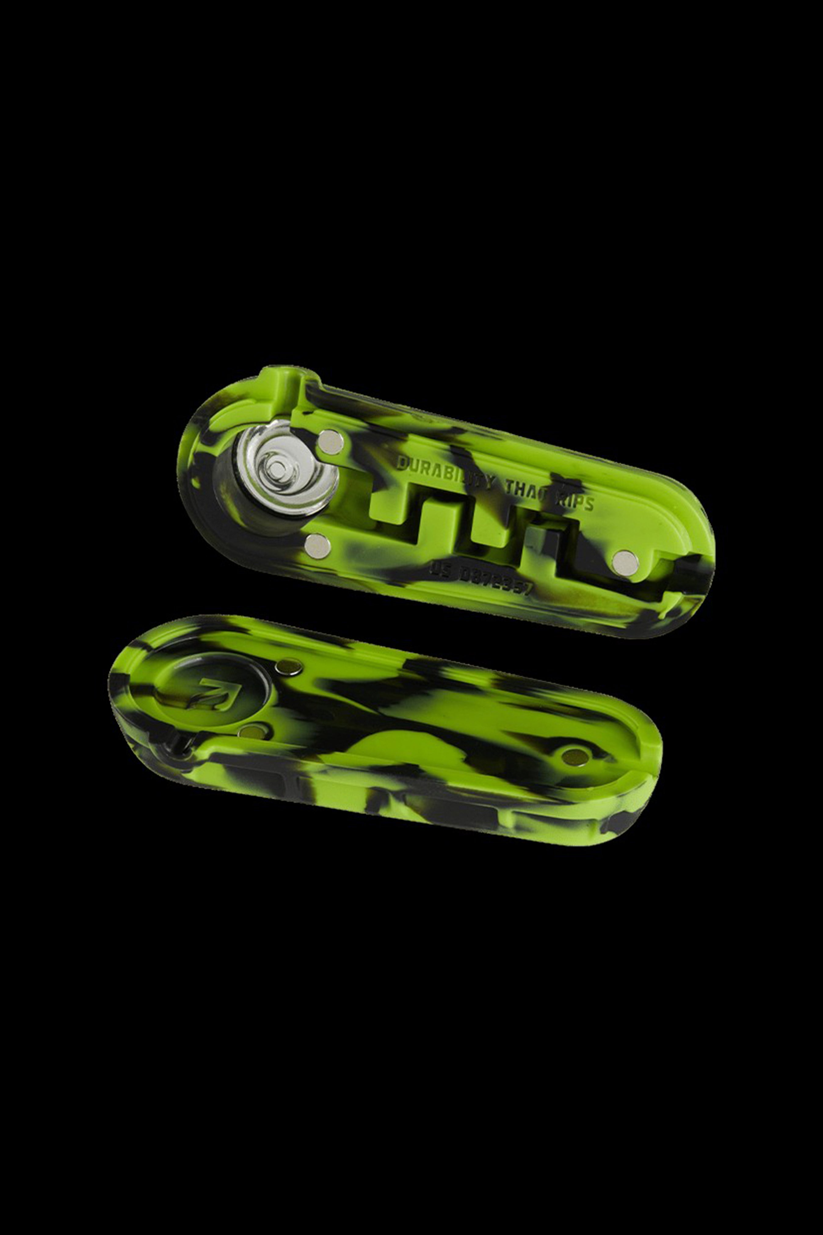 Green and white marbled cannabis vape cartridge with magnetic connection.