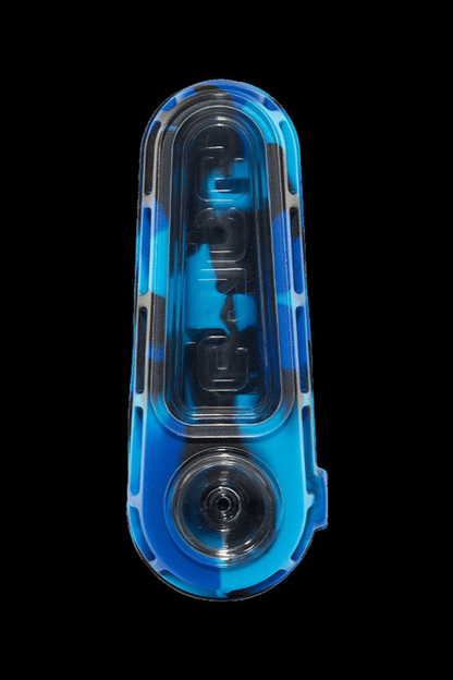 Blue and black silicone oil rig pipe against a black background.