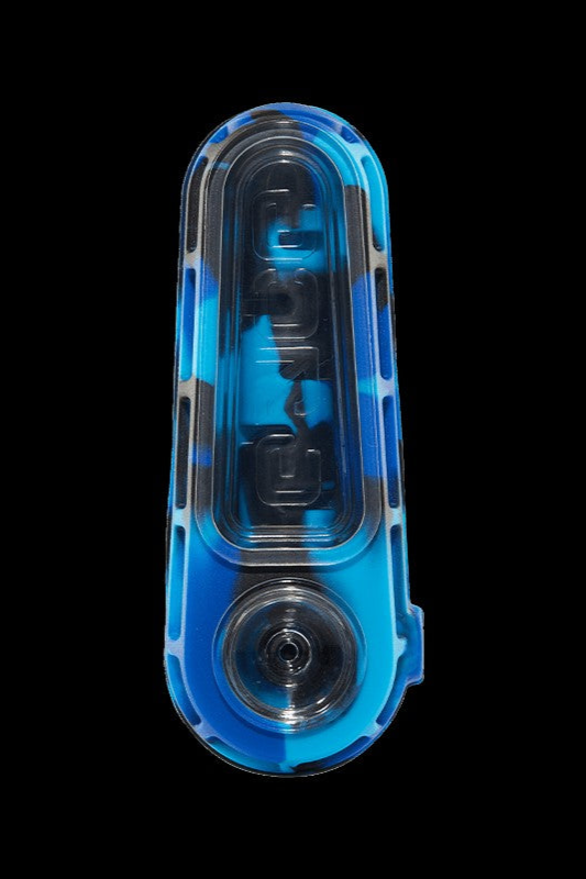 Blue and black silicone oil rig pipe against a black background.