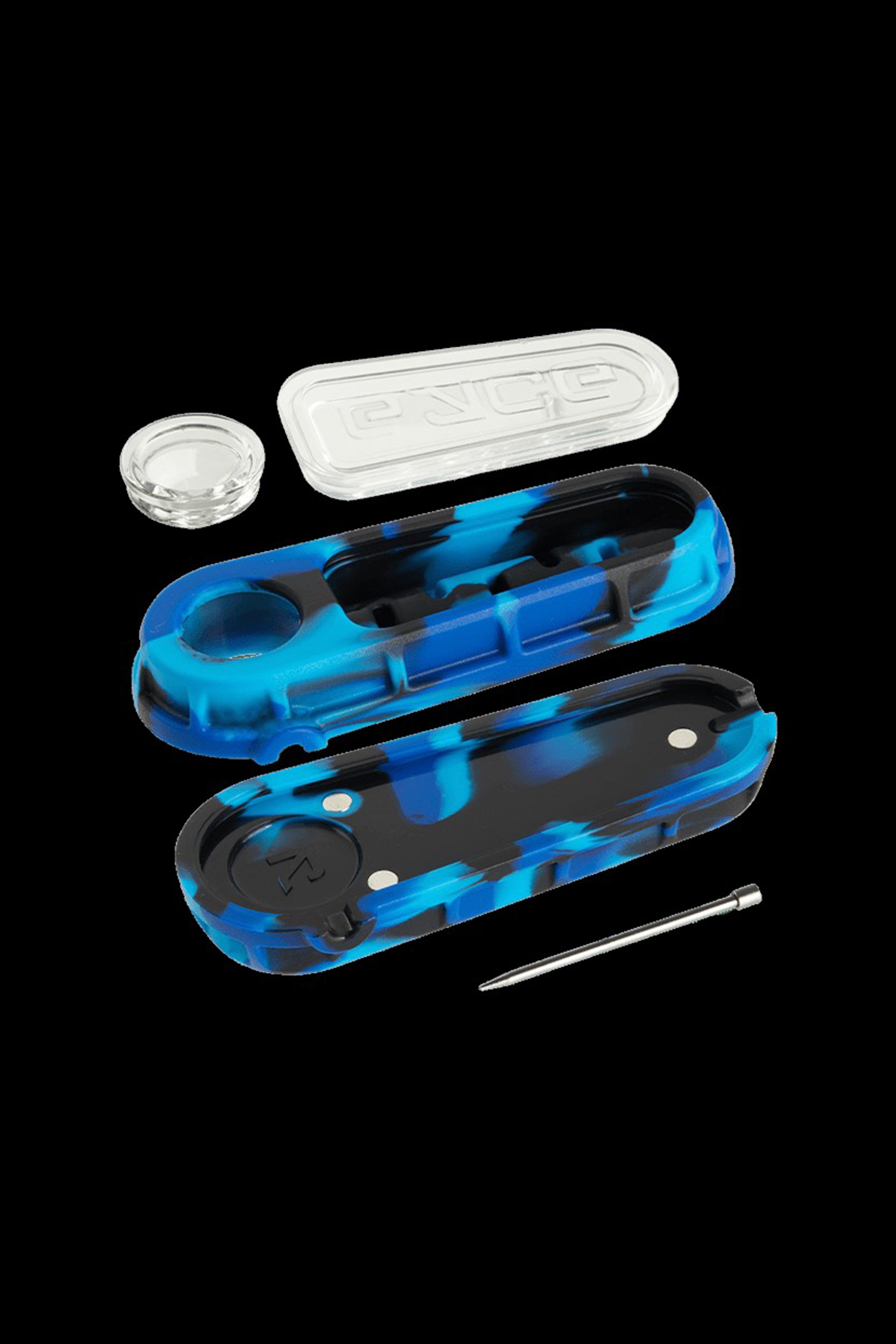 Blue and black silicone cannabis oil container with tools.