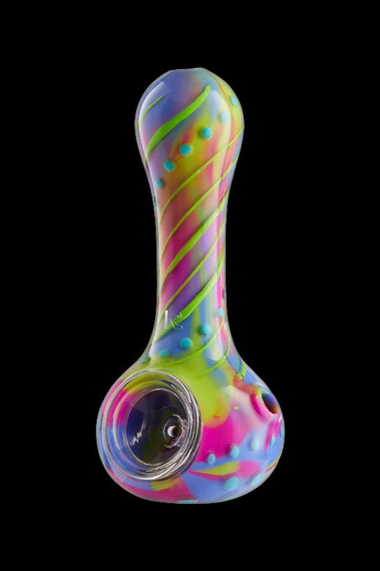 Colorful glass smoking pipe against a black background.