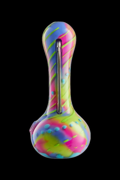 Colorful silicone water pipe against a black background.
