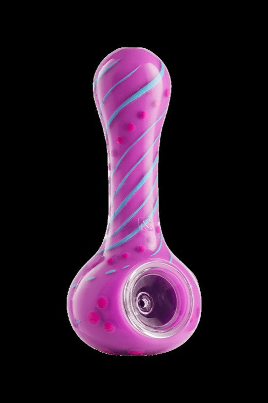 Purple glass pipe with turquoise swirls.