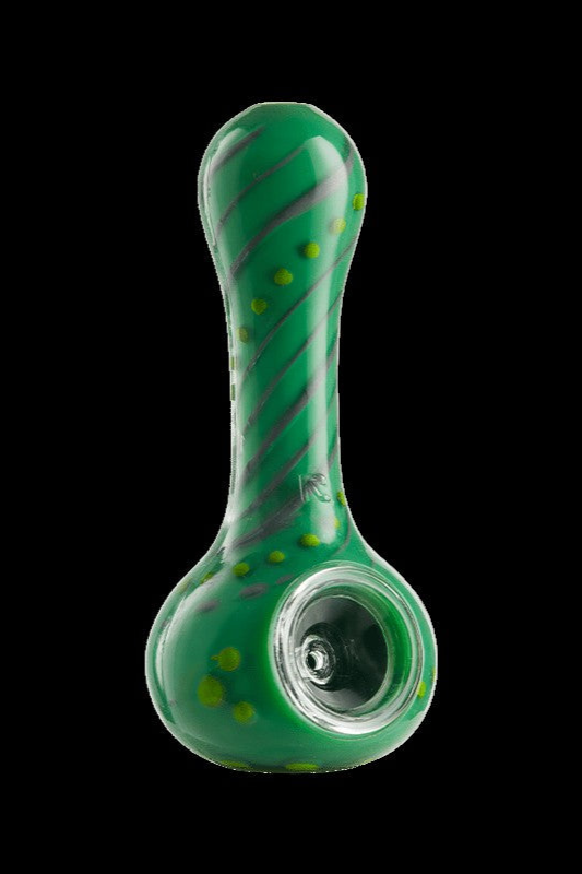 Green glass pipe with swirling patterns and yellow accents.