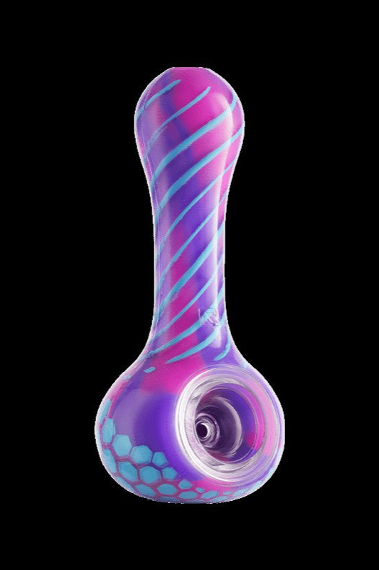 A vibrant, elongated glass pipe with swirling pink and turquoise patterns.