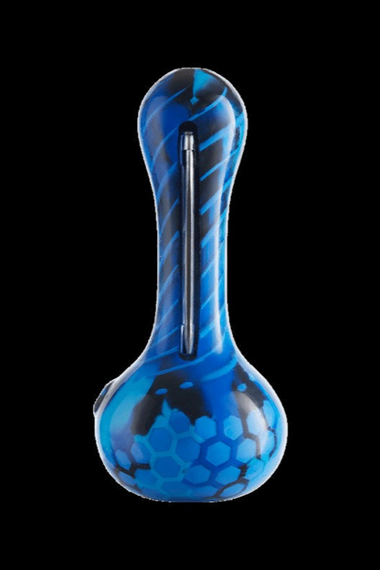 Blue glass cannabis pipe with honeycomb pattern.