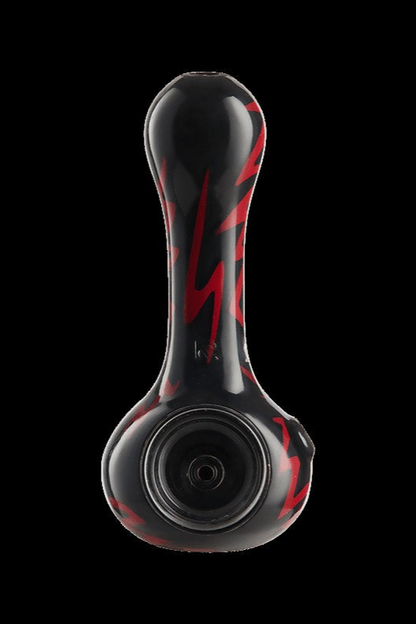 Black glass pipe with red accents and etched logo.