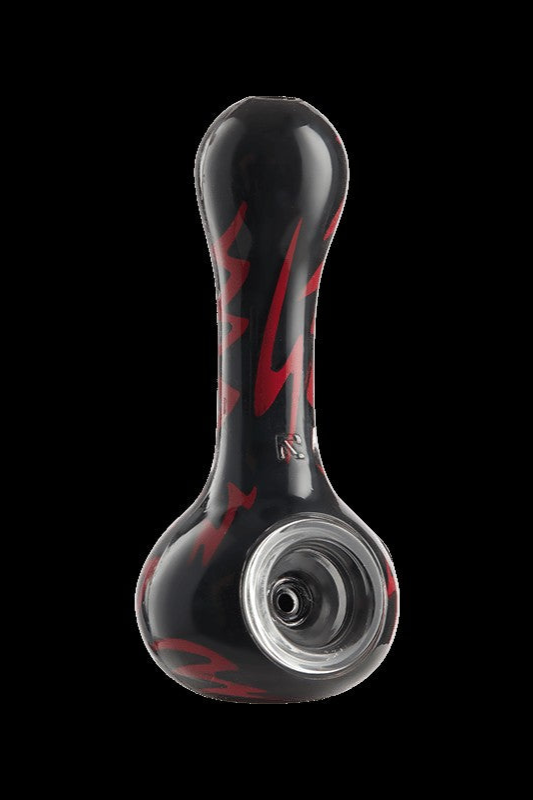 Black glass pipe with red swirl accents and a clear bowl.