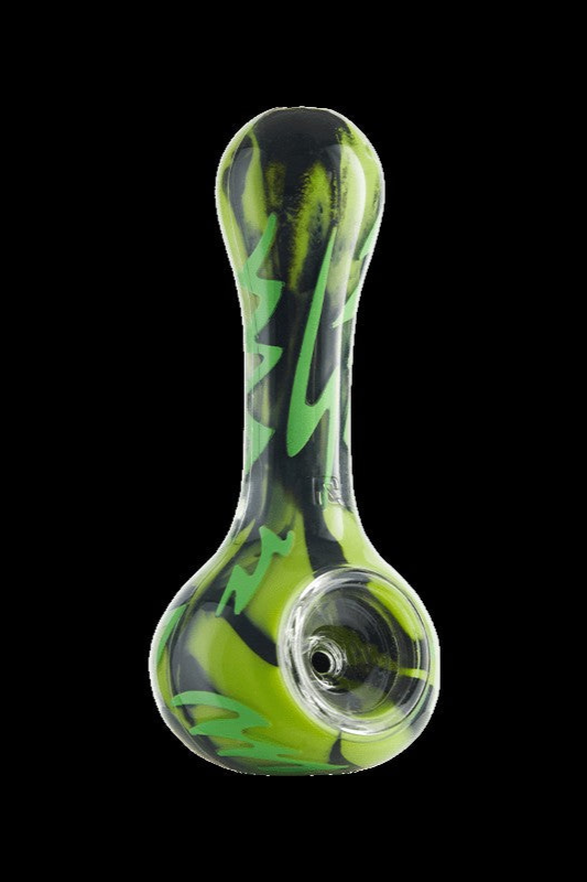 Green and black glass pipe for smoking cannabis.