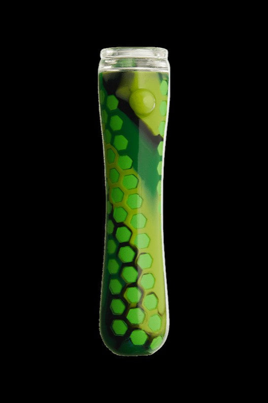 Green silicone sleeve for a glass water pipe.