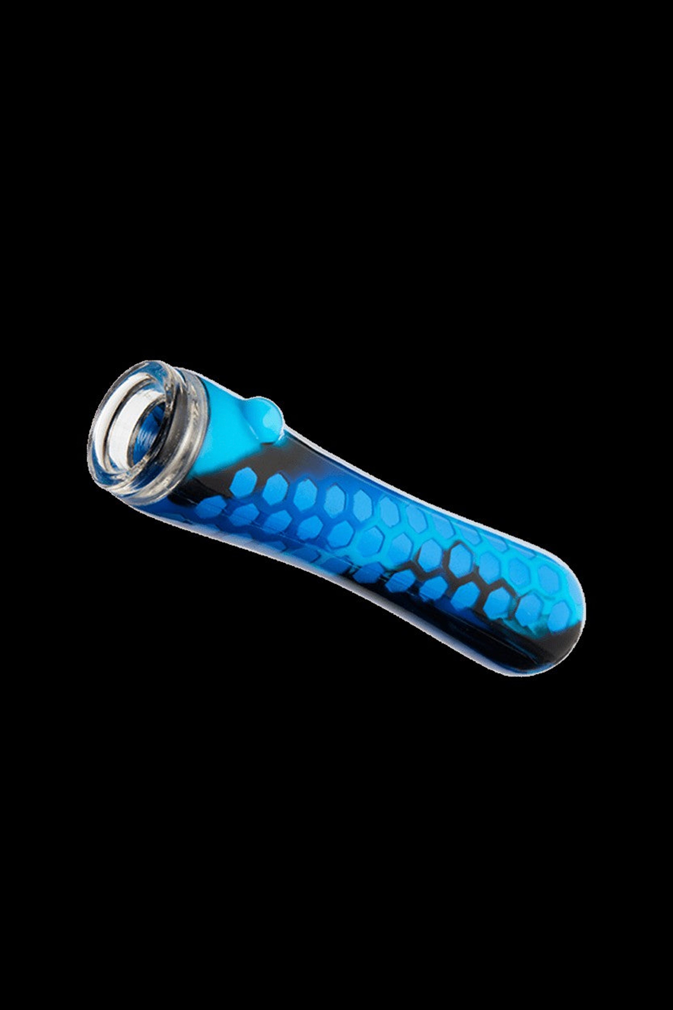 Blue glass pipe with textured grip.