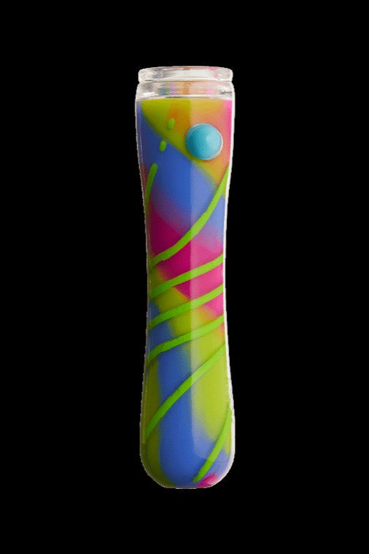 Colorful glass water pipe against a black background.