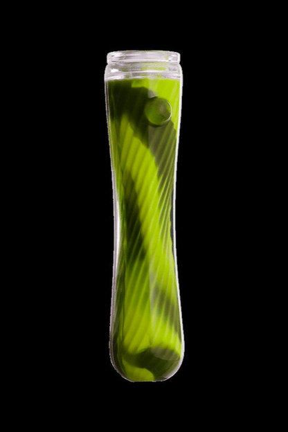 Green glass bubbler water pipe against a black background.