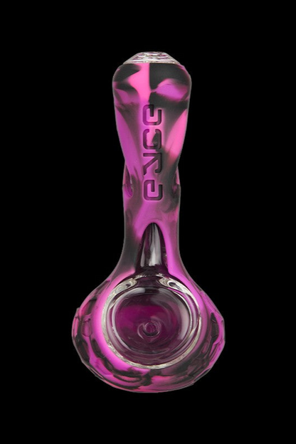 Pink glass pipe with etched logo, studio shot.