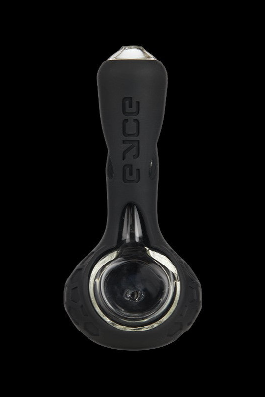 Black glass smoking pipe with “orce” vertically etched along the stem.