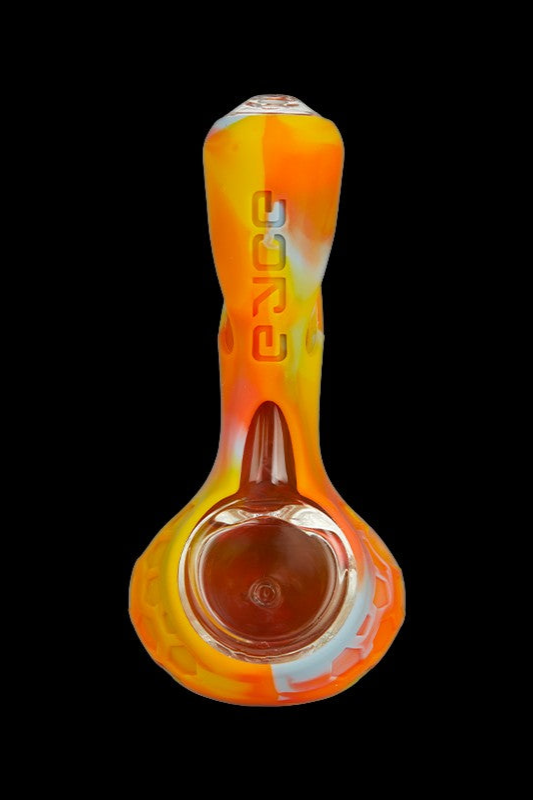Orange and yellow glass pipe with “sour” text vertically along the neck.