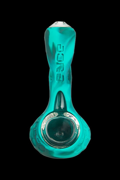 Turquoise glass pipe with etched branding, studio shot.