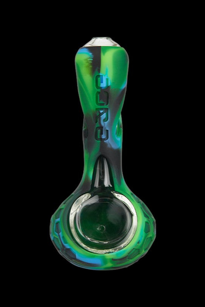Green and black glass pipe for smoking cannabis.