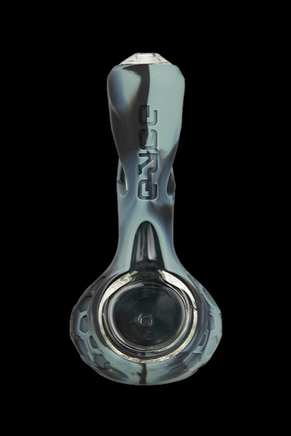 Blue glass smoking pipe with etched logo.