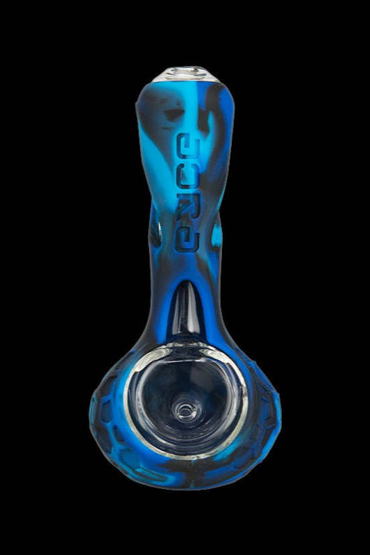 Blue glass smoking pipe with etched lettering.