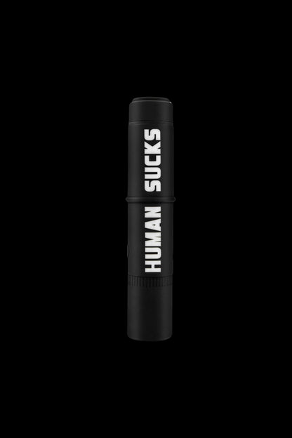 Black cannabis vape pen with “HUMAN SUCKS” vertically printed in white.
