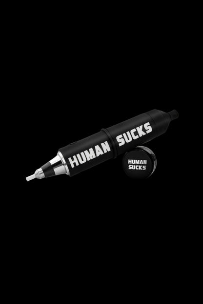 Black glass cannabis pipe with "HUMAN SUCKS" text displayed on its side and a matching sticker below.
