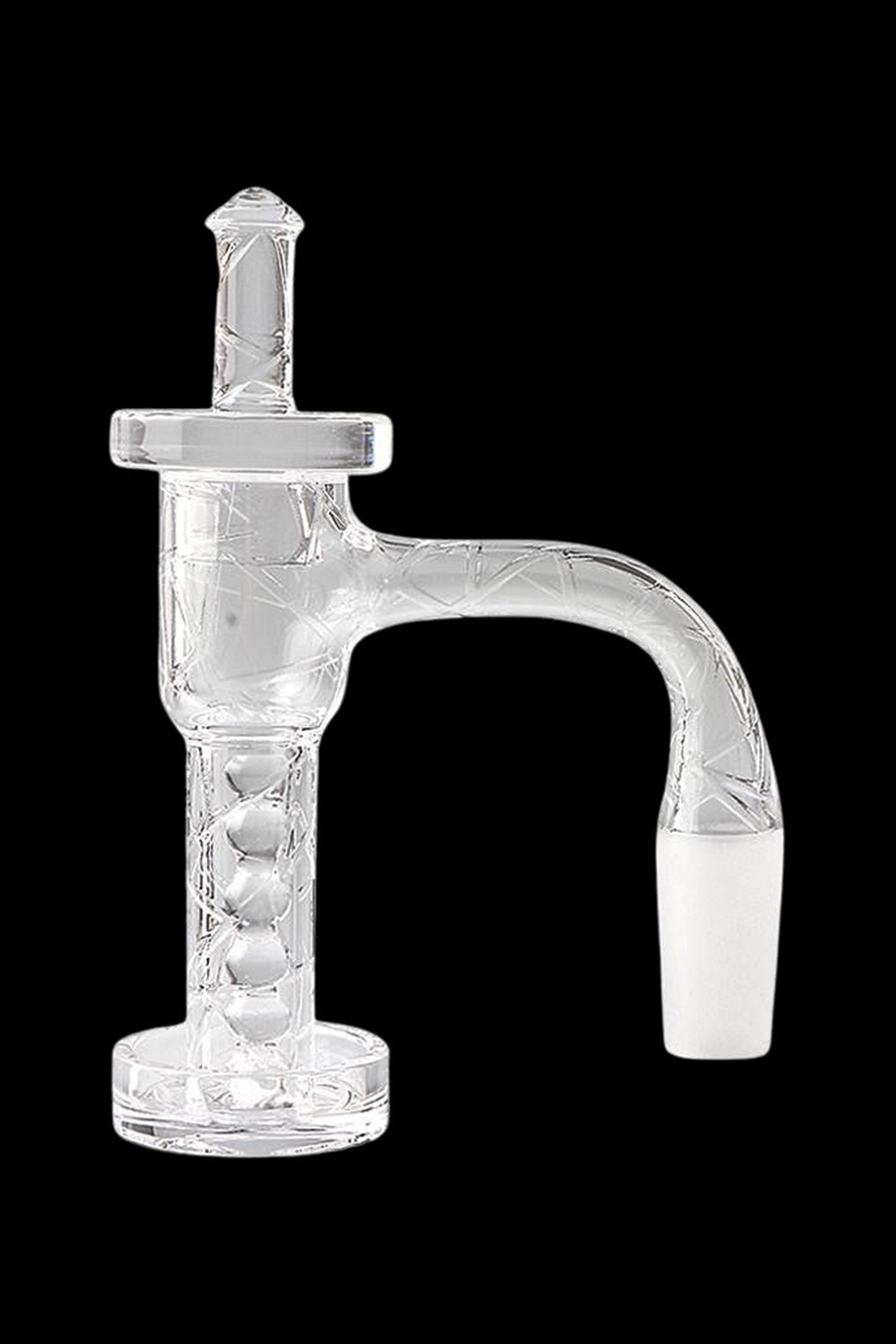 Clear glass dab rig with intricate percolator design.