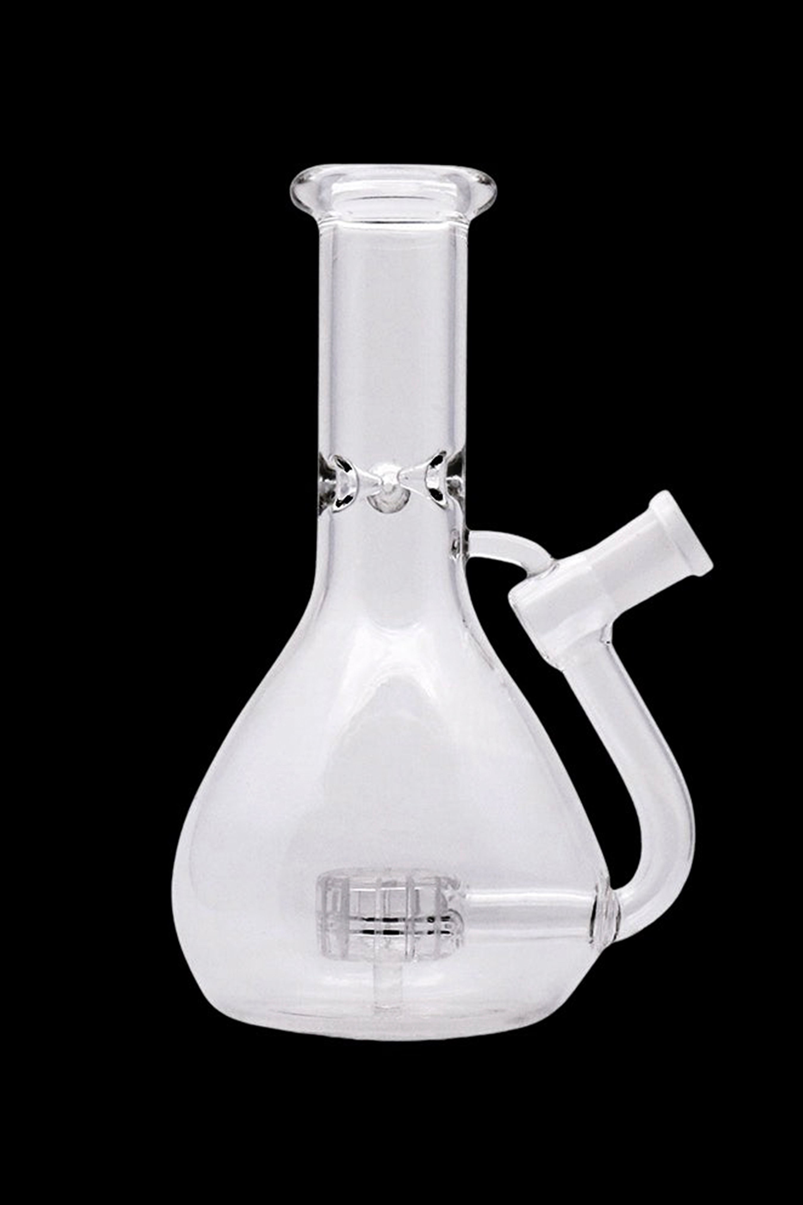 Clear glass bubbler with a rounded base and curved mouthpiece.