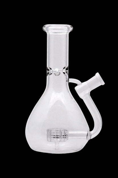 Clear glass bubbler with a rounded base and curved mouthpiece.