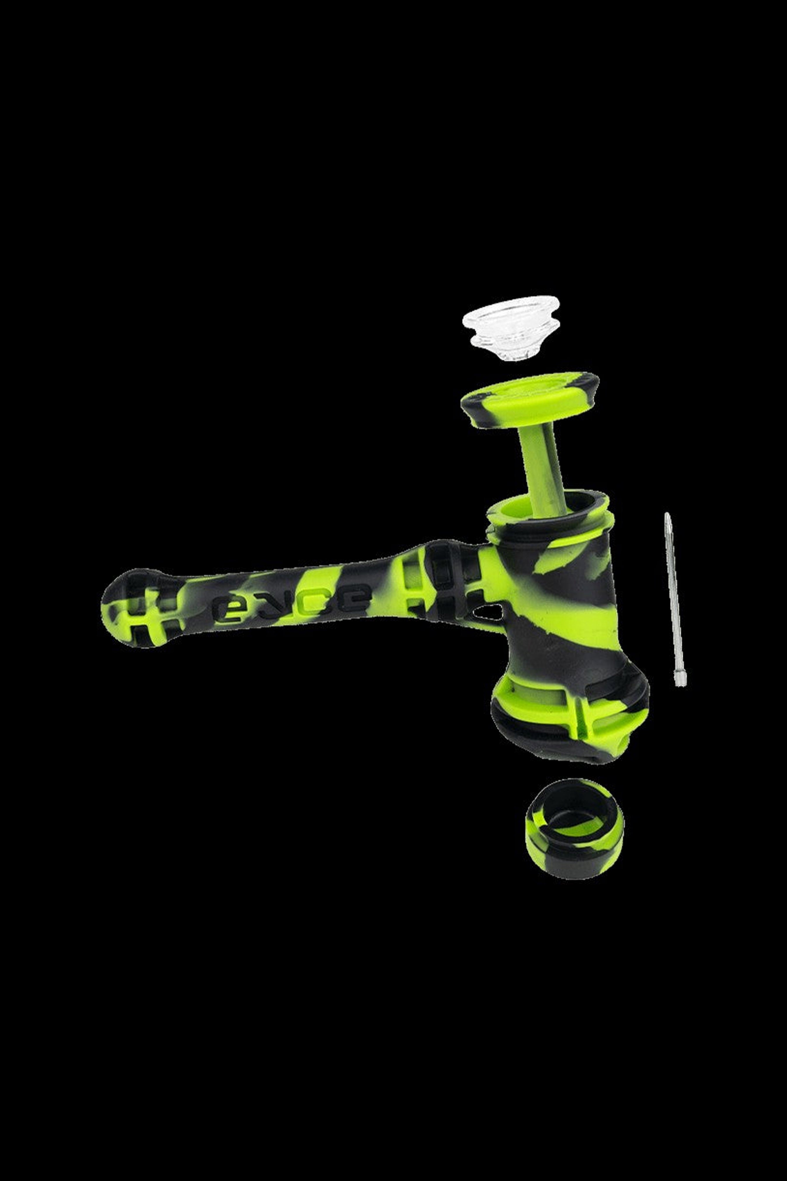 Green and black glass water pipe (rig) with accompanying accessories on a black background.