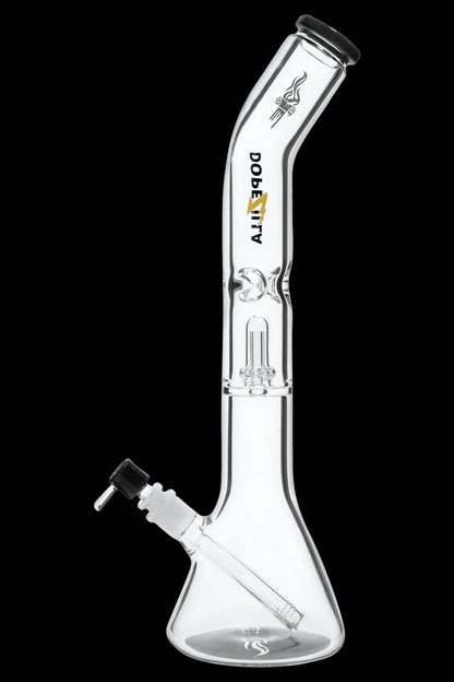 Studio shot of the Dopezilla Titans Promethus Bong in clear glass with a bent neck and logo visible against a black background.