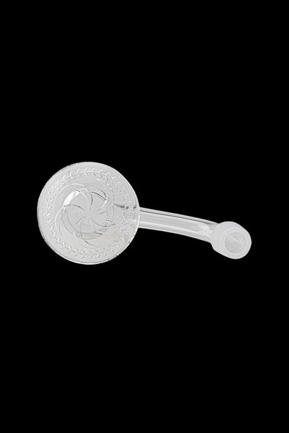 Clear glass oil rig with intricate floral etching.