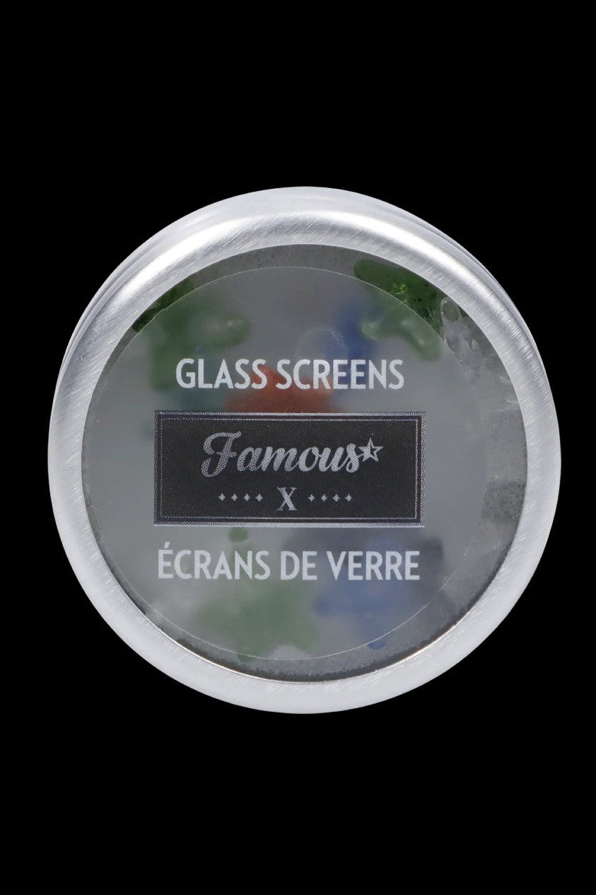 Overhead shot of the Famous X Glass Screens - 12 Pack, showing a circular arrangement on a dark surface.