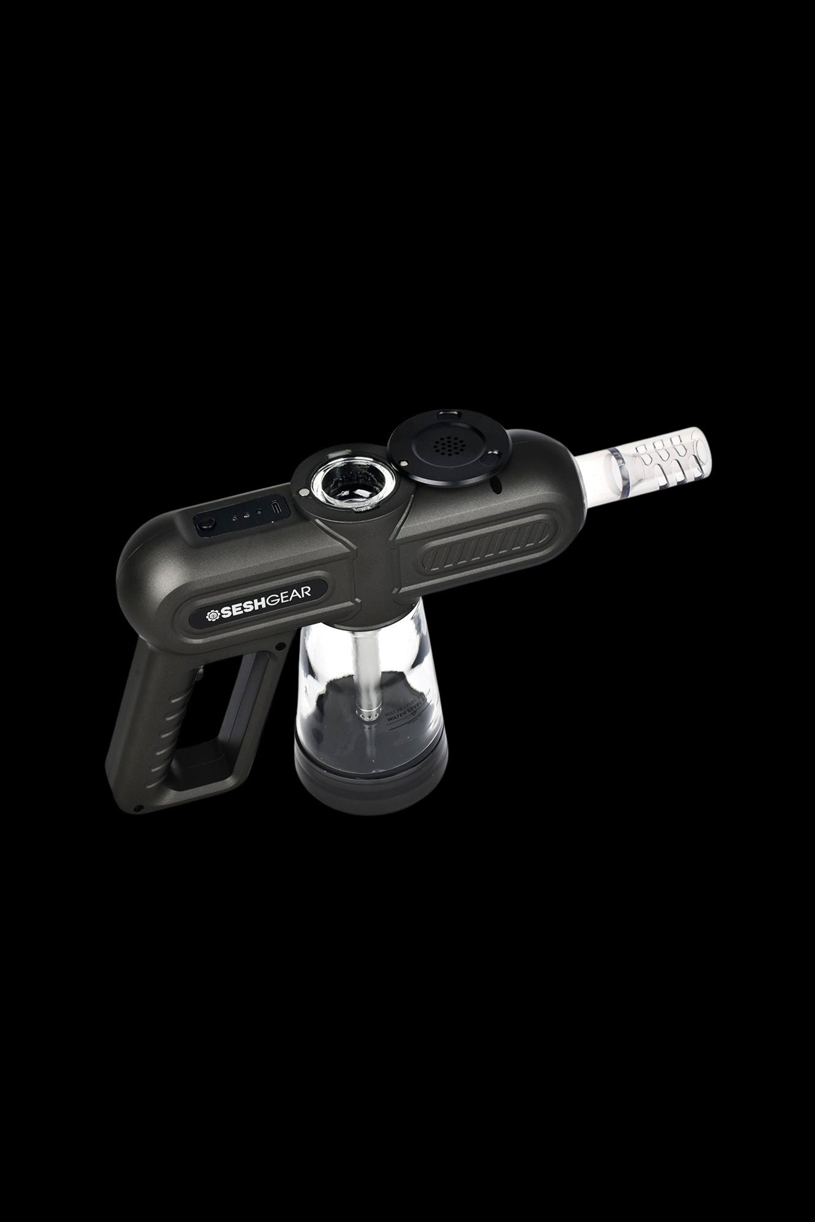 Black cannabis electronic dab rig with glass water pipe attachment, branded "SESHGEAR".