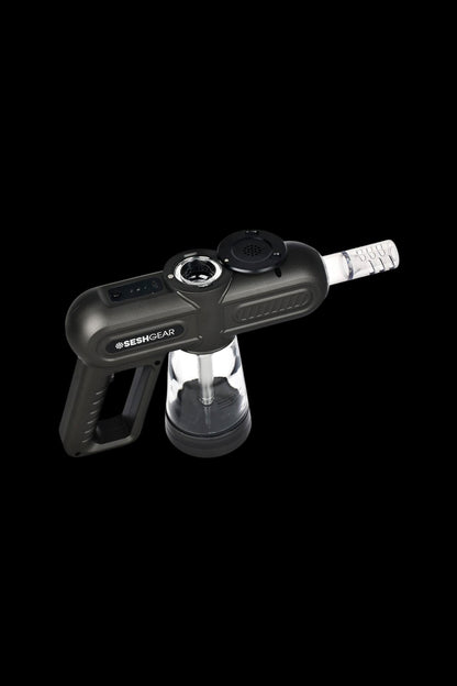 Black cannabis electronic dab rig with glass water pipe attachment, branded "SESHGEAR".