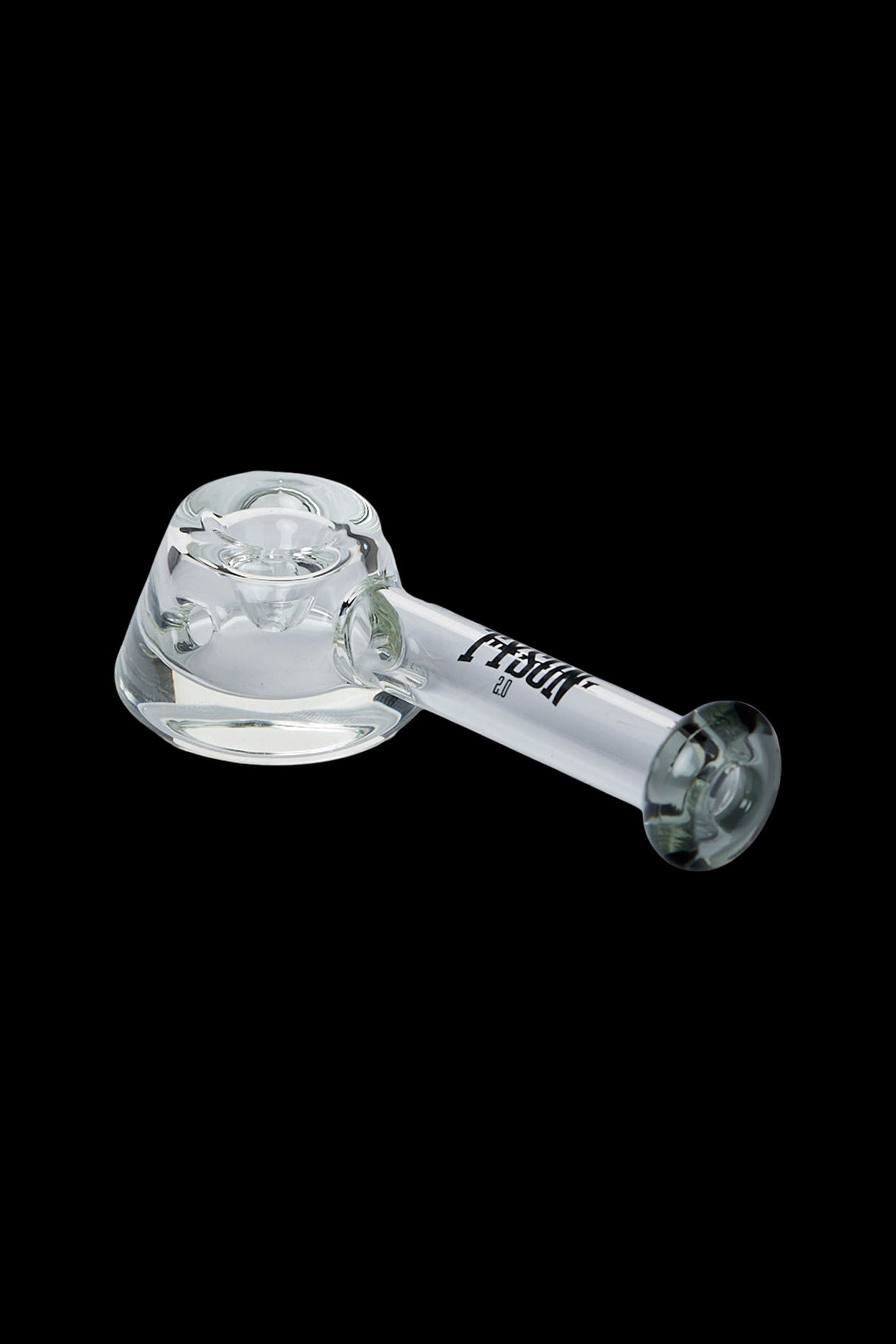 Clear glass smoking pipe with etched bowl and logo.