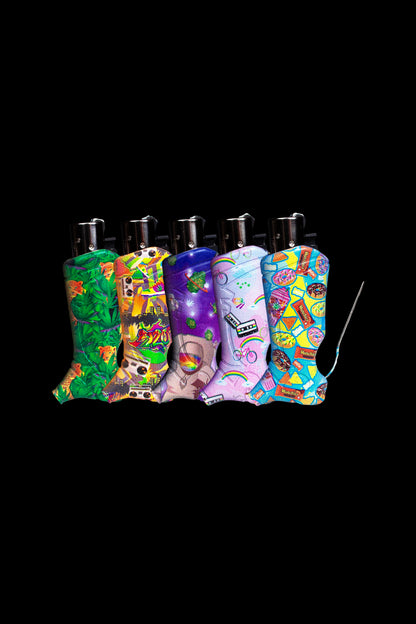 Colorful patterned lighter sleeves over silver lighters against a black background.