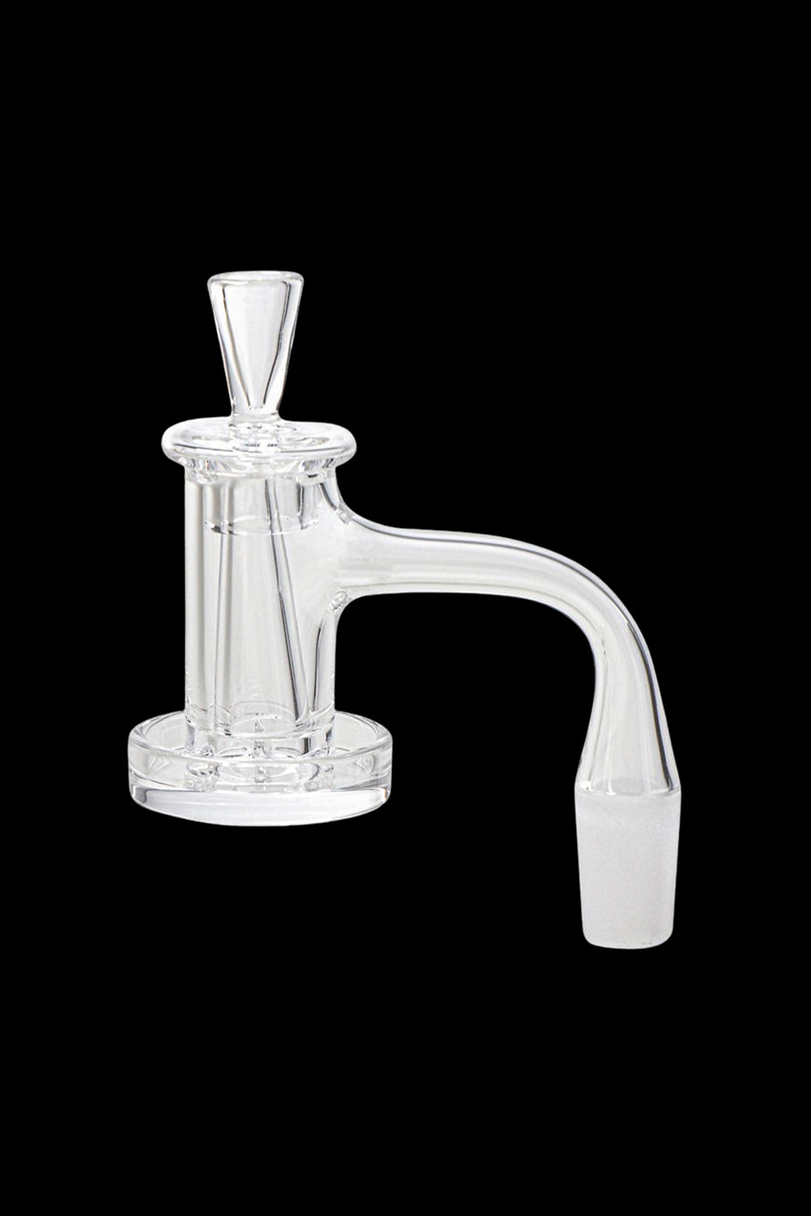 Clear glass dab rig with intricate detailing.