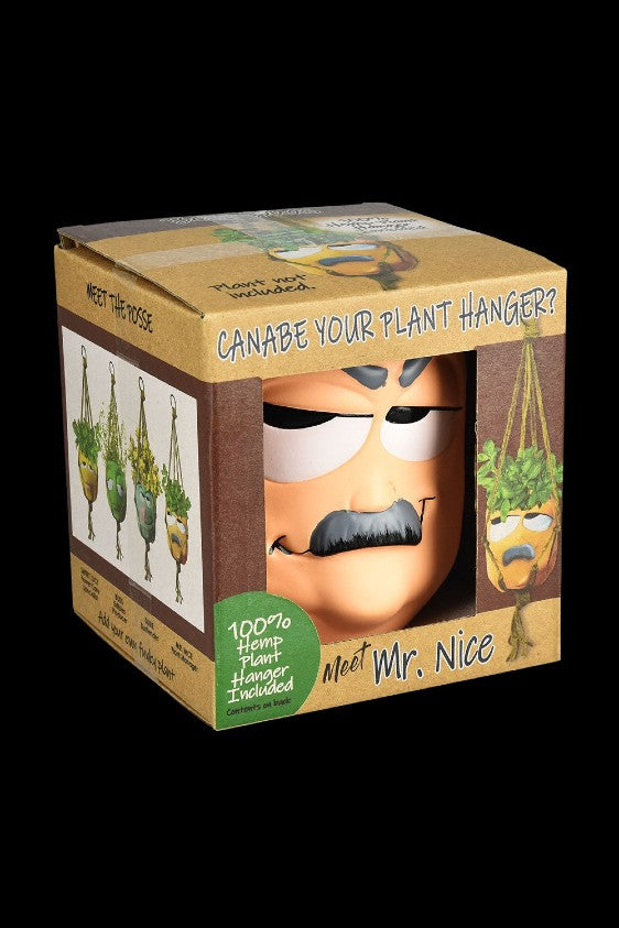 A cardboard box displays “Mr. Nice,” a cartoon face with a large mustache, promoting a hemp plant hanger with illustrated examples on the packaging.