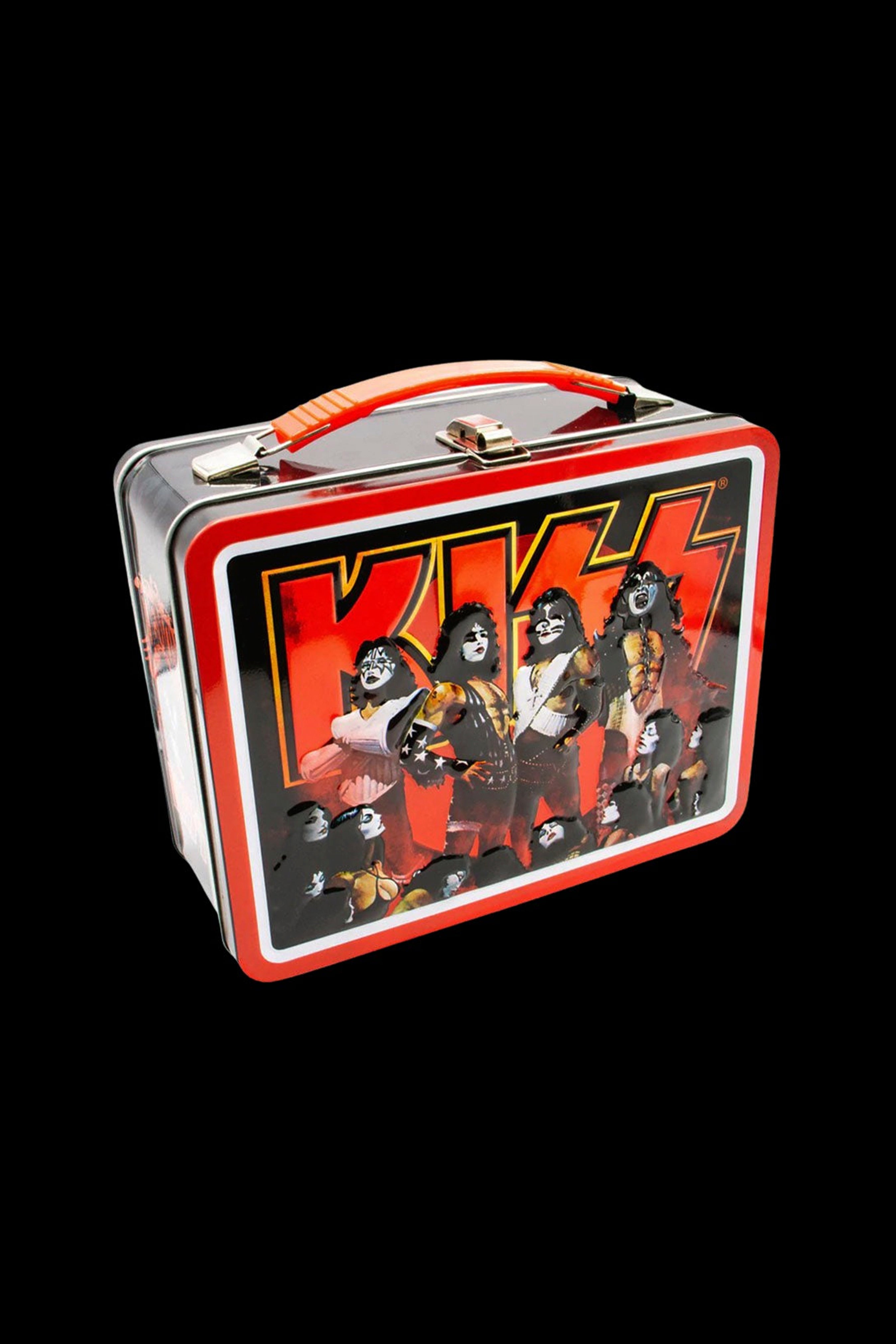 Vintage metal lunchbox featuring the band KISS, likely used for discreet cannabis storage.