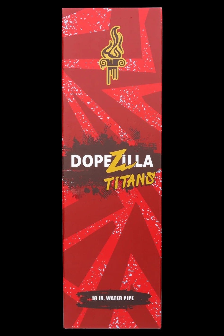 Vertical front view of the red box packaging for the Dopezilla Titans Promethus Bong, showing bold white and yellow logo graphics and "18 in. water pipe" text.