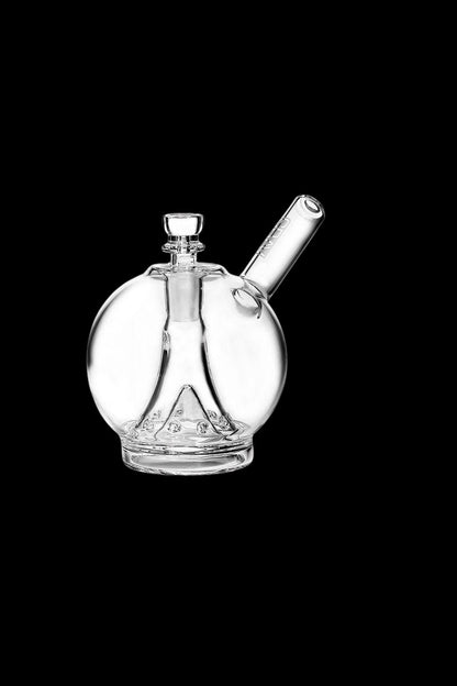 Clear glass bubbler water pipe with spherical body.