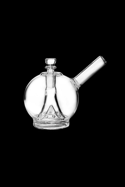 Clear glass water pipe with spherical base and intricate design.