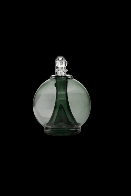 Green glass water pipe against a black background.