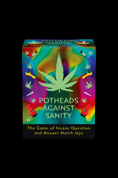 Front-facing shot of the Potheads Against Sanity Game box with a large green leaf and colorful pipes on a swirling rainbow background